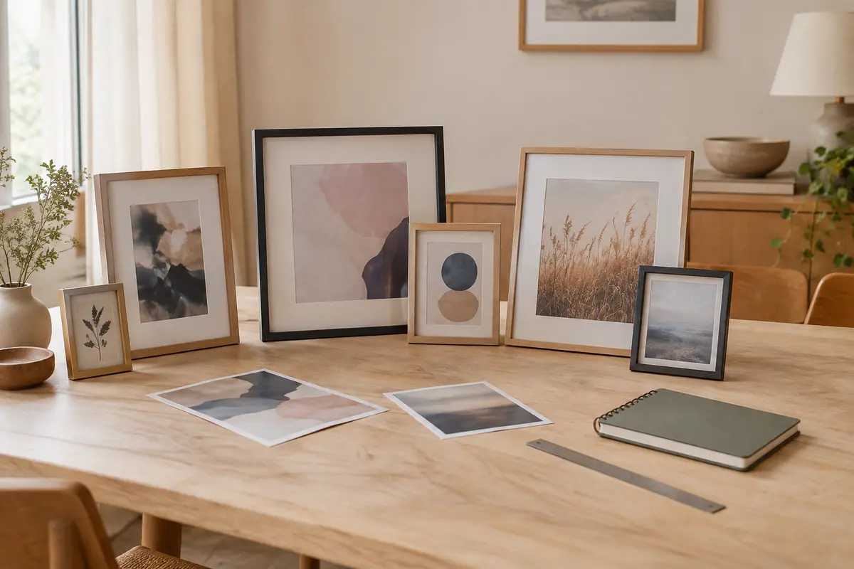 Plusieurs cadres photo de formats variés réunis sur une table pour comparer leurs finitions et dimensions