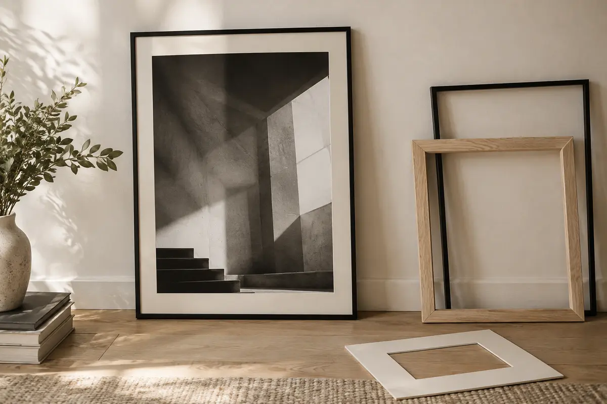 Tirage monochrome présenté avec un cadre noir fin, un cadre en bois clair et un passe-partout blanc cassé