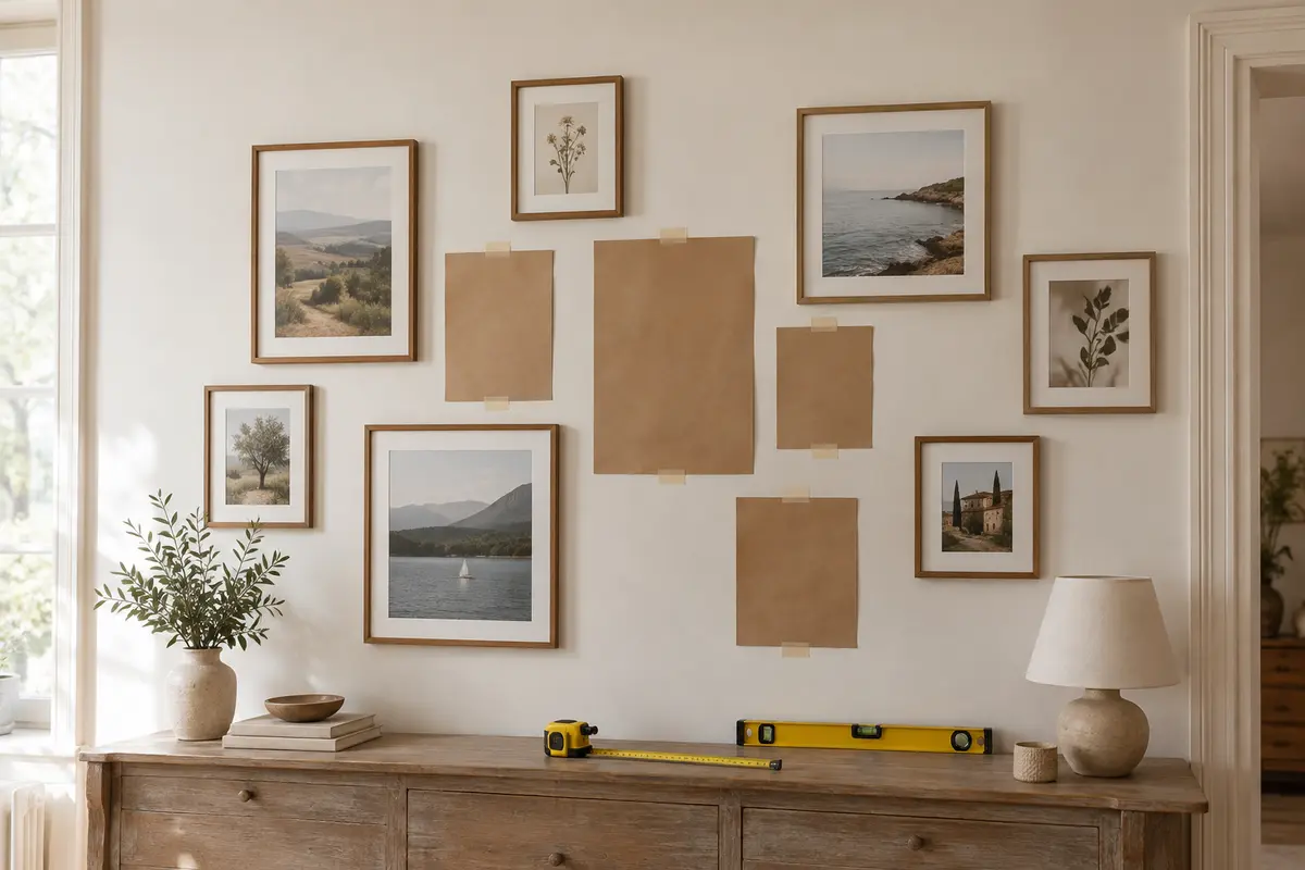 Gabarits en papier et cadres photo disposés sur un mur pour vérifier les intervalles avant de percer