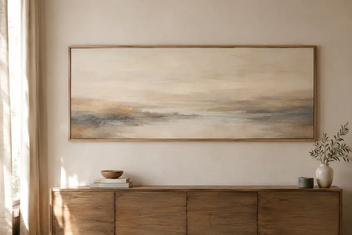 Grand cadre photo panoramique bien proportionné au-dessus d’un meuble dans un salon lumineux
