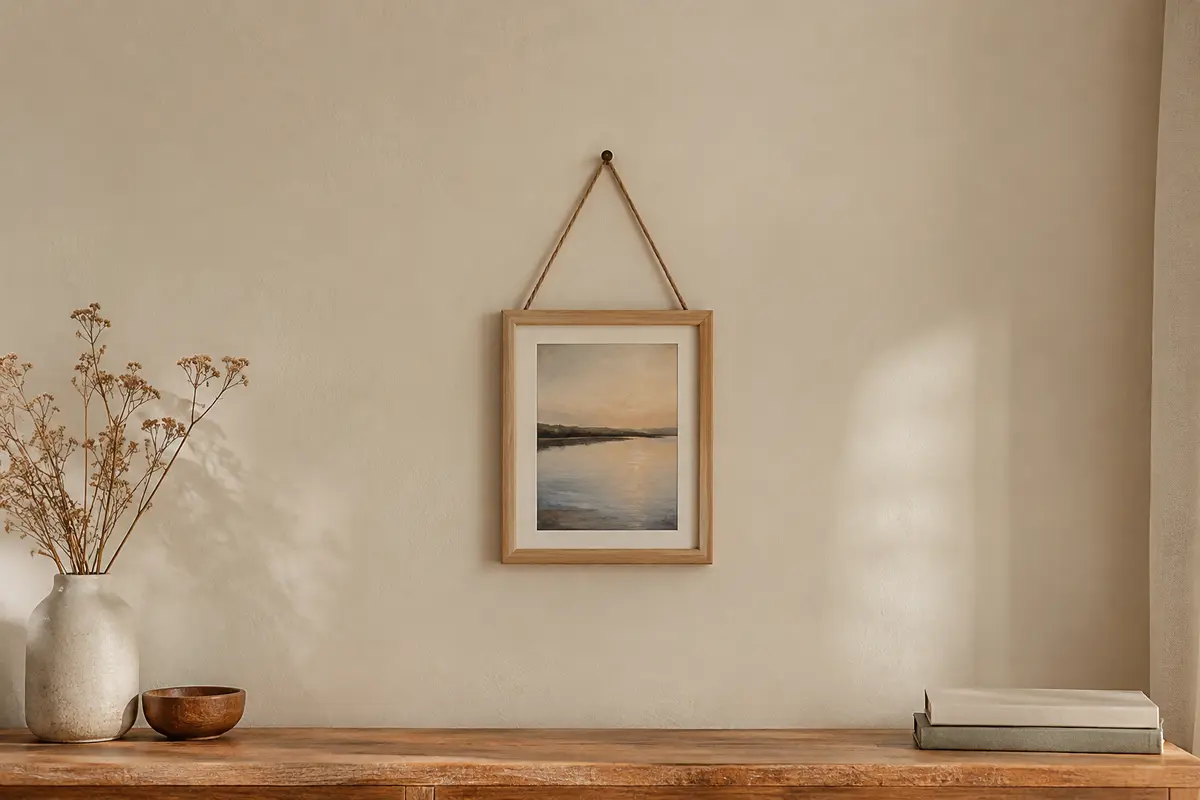 Cadre photo en bois clair suspendu par un cordon visible sur un mur crème, à côté d’un vase de fleurs séchées.