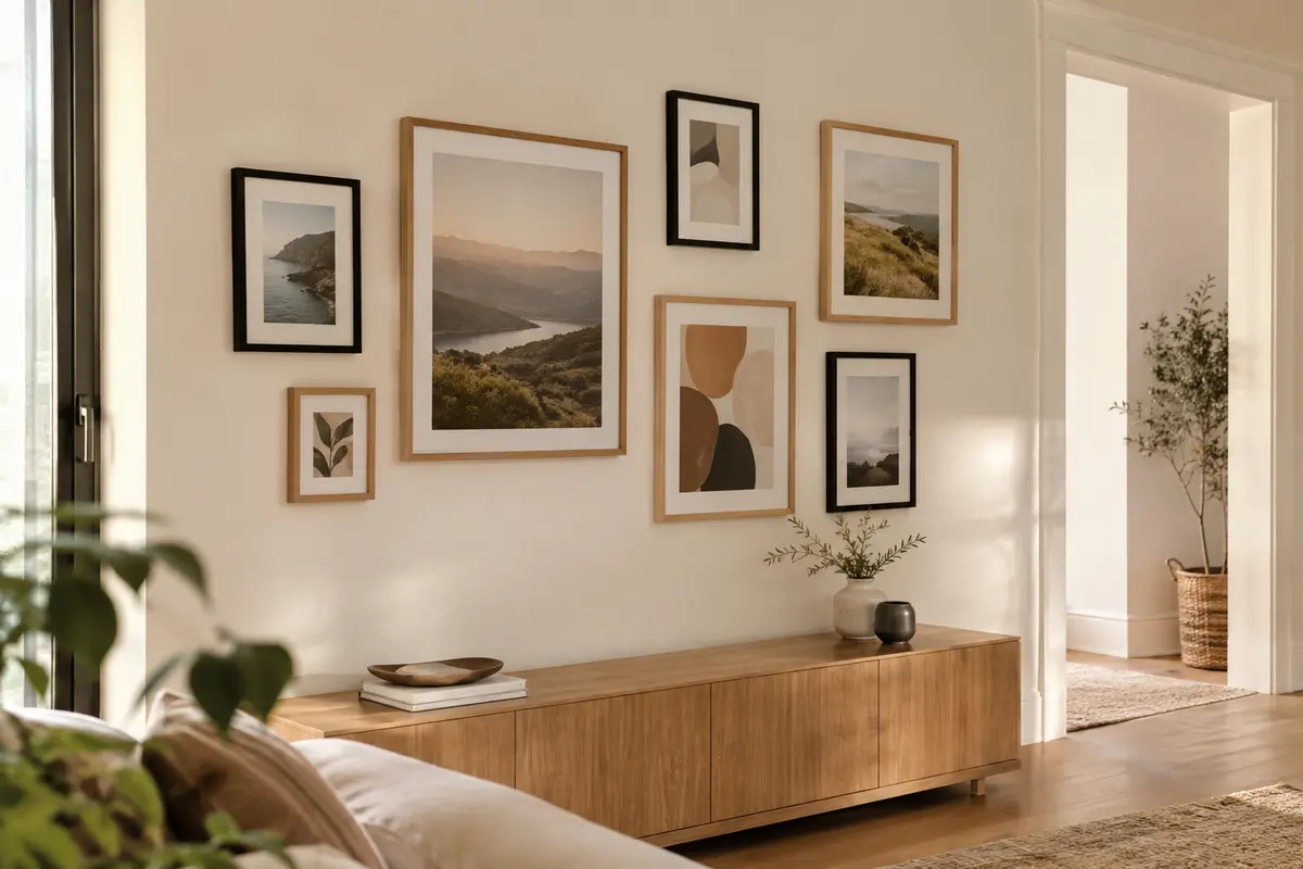 Mur de cadres photo asymétrique aux formats variés, vu en perspective depuis l’entrée d’une pièce