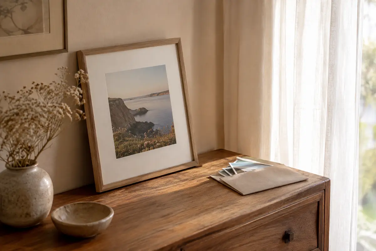 Photographie encadrée sur une console, éloignée du soleil direct près d’une fenêtre voilée.