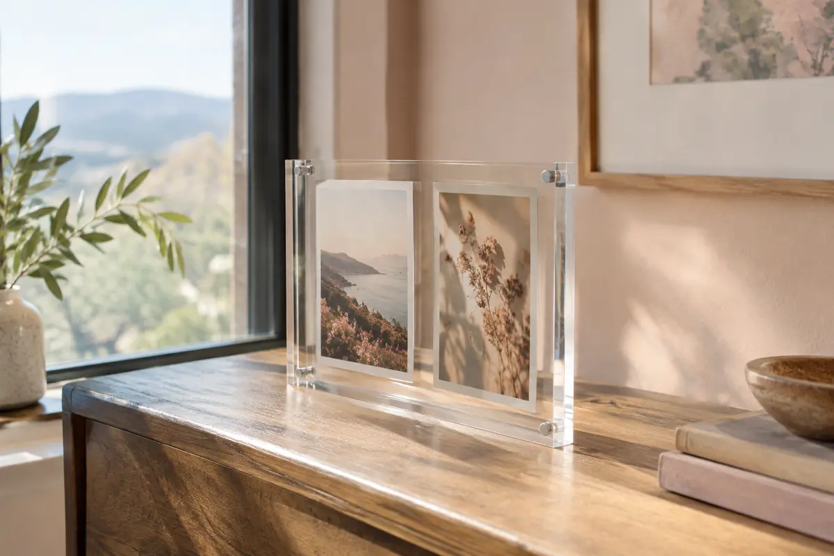 Cadre photo double face transparent posé près d’une fenêtre, éclairé latéralement avec un reflet discret