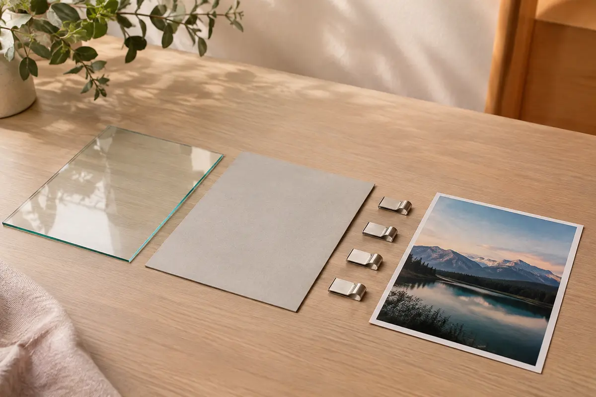 Sous-verre à clips démonté sur une table claire : plaque de verre sans bordure, panneau de fond, pinces métalliques et tirage photo.