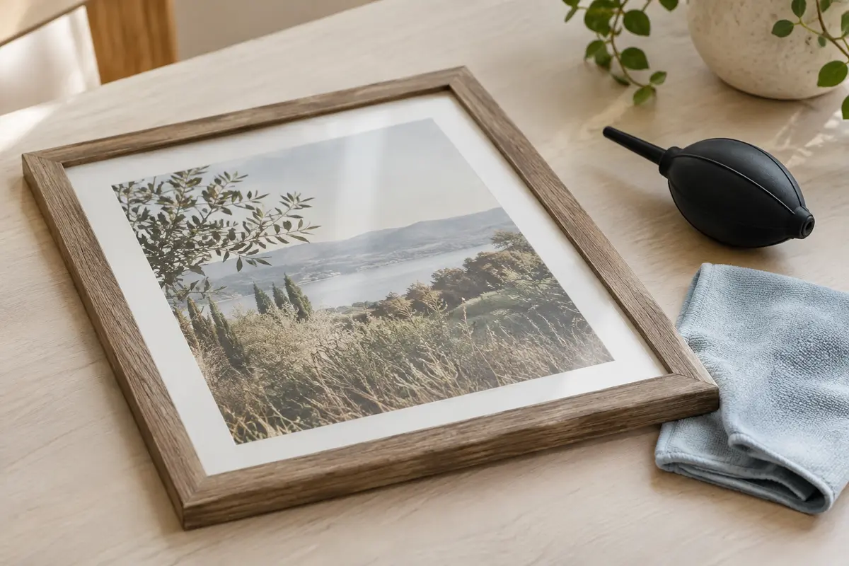 Cadre photo posé à plat avec une microfibre douce et un soufflet pour nettoyer le vitrage sans toucher au tirage.