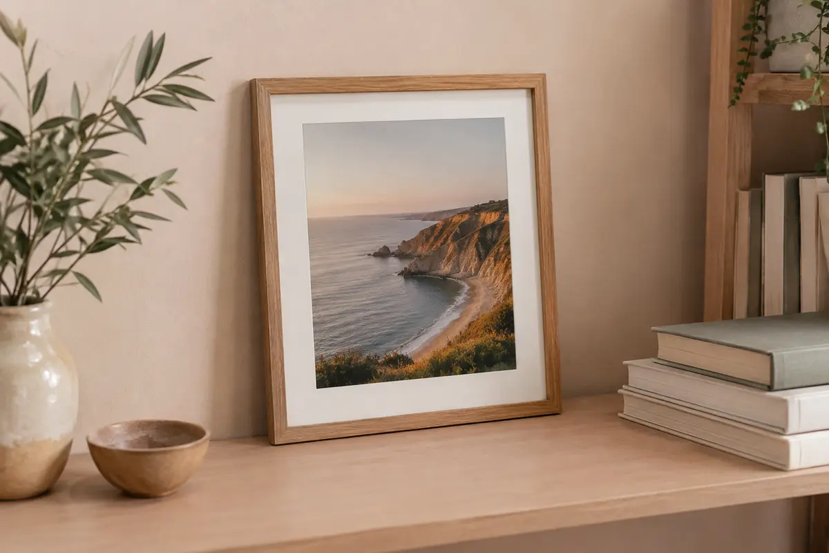 Photo instantanée aux bordures blanches bien visibles dans un cadre posé loin d’une fenêtre ensoleillée