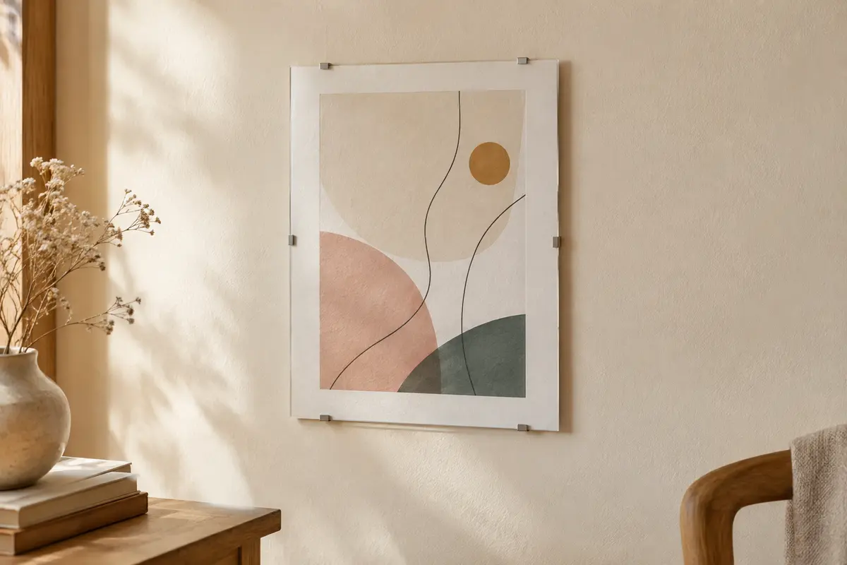 Cadre photo blanc sans bordure à clips, accroché sur un mur crème avec une illustration sous panneau transparent.