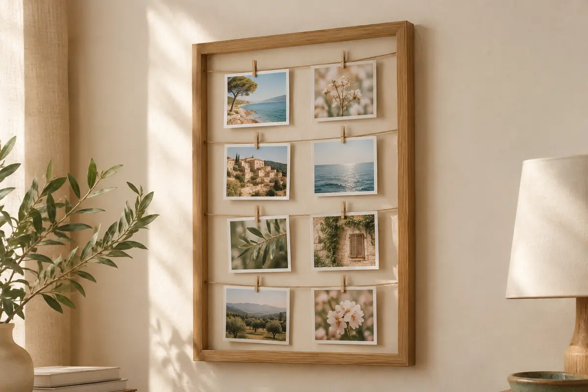 Pêle-mêle mural à l’aspect bois avec des photos suspendues à des cordes par des pinces