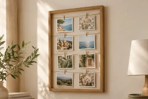 Pêle-mêle mural à l’aspect bois avec des photos suspendues à des cordes par des pinces