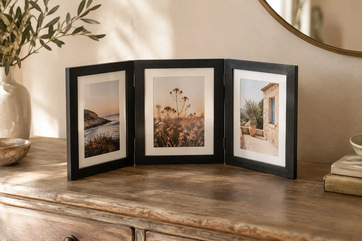 Cadre photo pliant noir à trois vues posé sur une console en bois dans un intérieur lumineux aux murs crème.