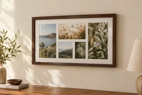 Cadre pêle-mêle chêne foncé à cinq ouvertures, accroché sur un mur crème.