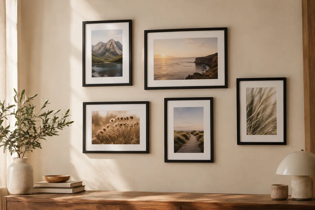 Cinq cadres photo noirs avec passe-partout blanc, disposés sur un mur crème