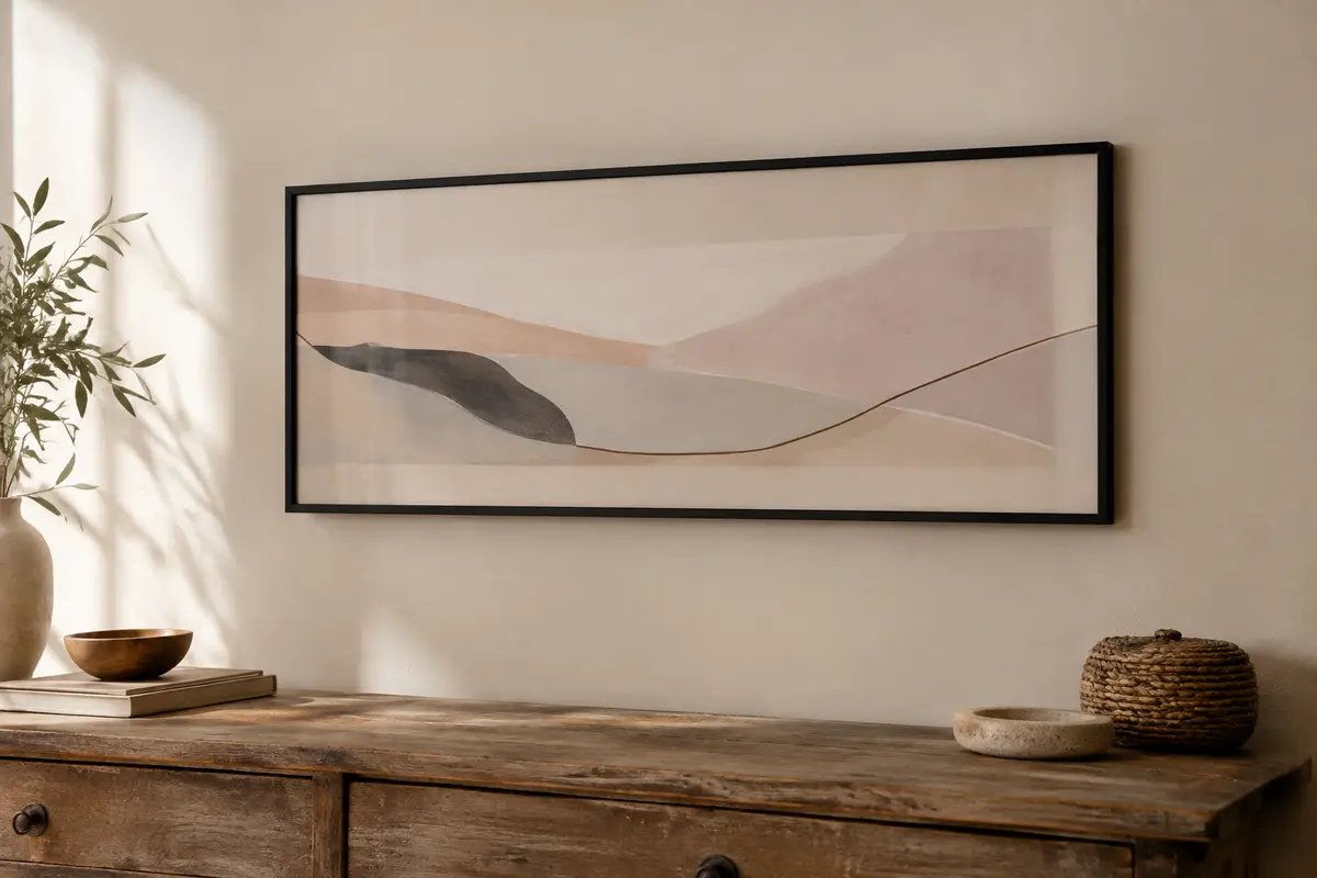 Cadre photo mural noir allongé avec une image décorative, accroché sur un mur crème au-dessus d’une console.