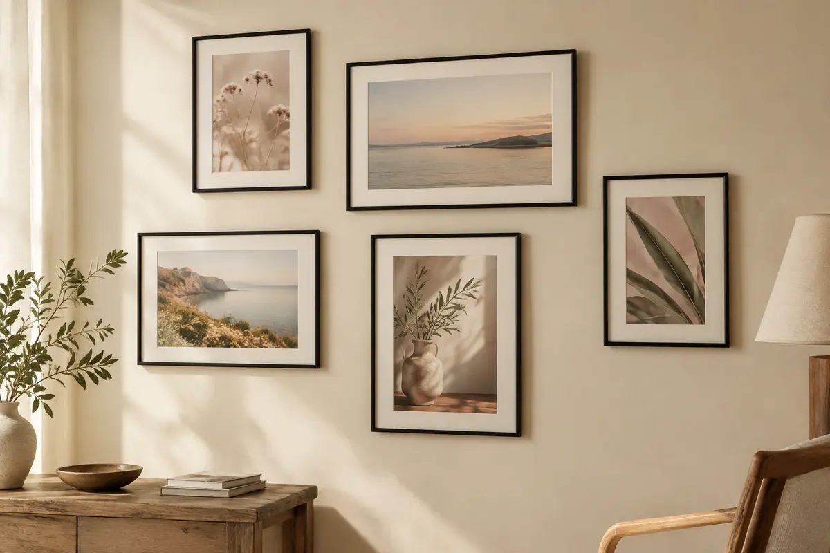 Cinq cadres photo noirs avec passe-partout, accrochés ensemble sur un mur crème dans un intérieur lumineux.