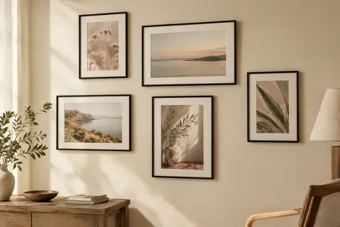 Cinq cadres photo noirs avec passe-partout, accrochés ensemble sur un mur crème dans un intérieur lumineux.