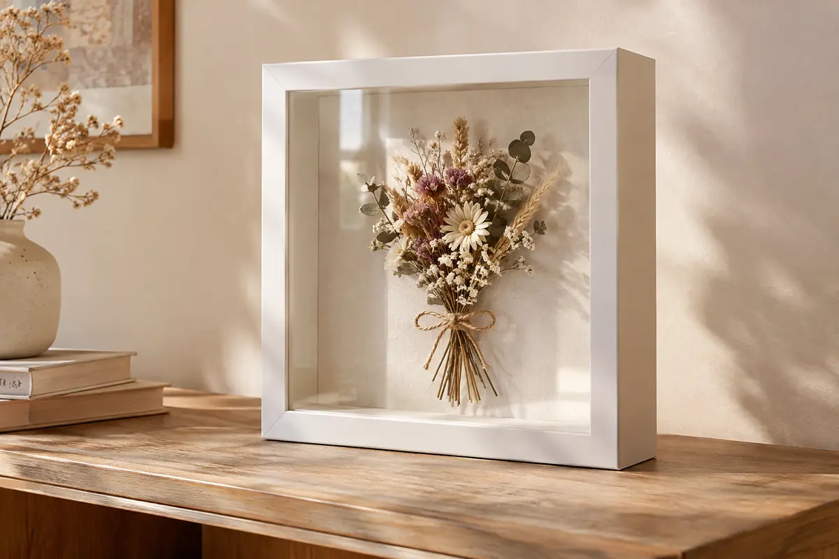 Cadre photo blanc en boîte avec vitre transparente et fleurs séchées présentées en relief