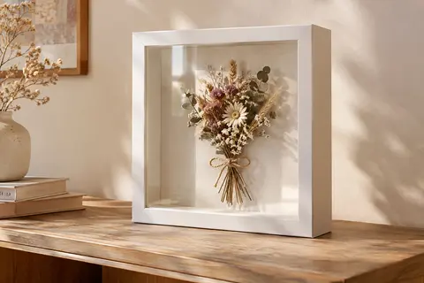 Cadre photo blanc en boîte avec vitre transparente et fleurs séchées présentées en relief