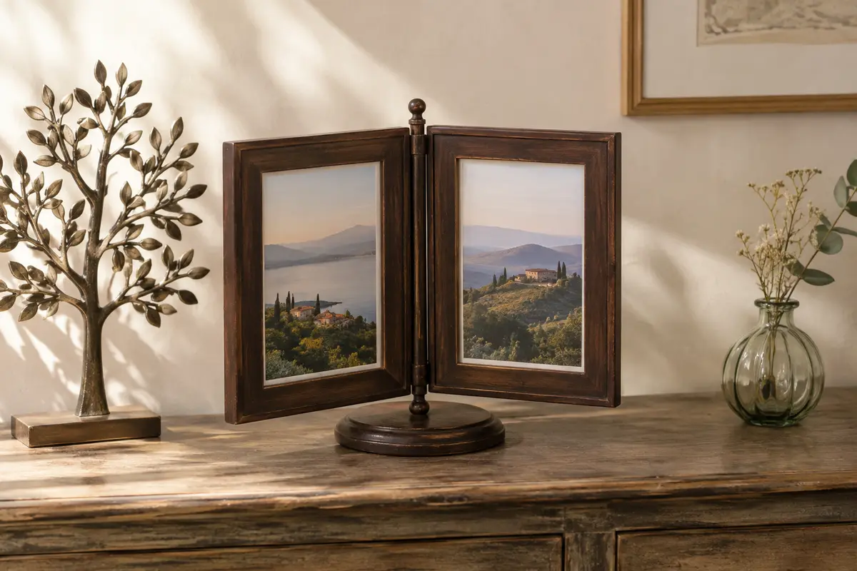 Cadre photo rotatif vintage brun avec deux emplacements, arbre métallique et vase en verre sur une console.