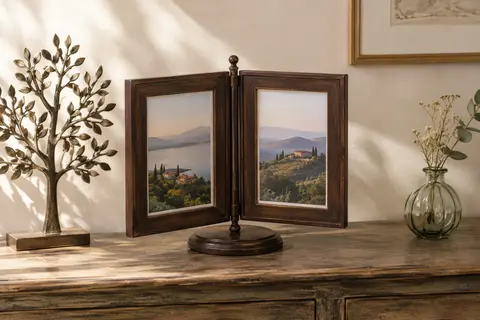 Cadre photo rotatif vintage brun avec deux emplacements, arbre métallique et vase en verre sur une console.