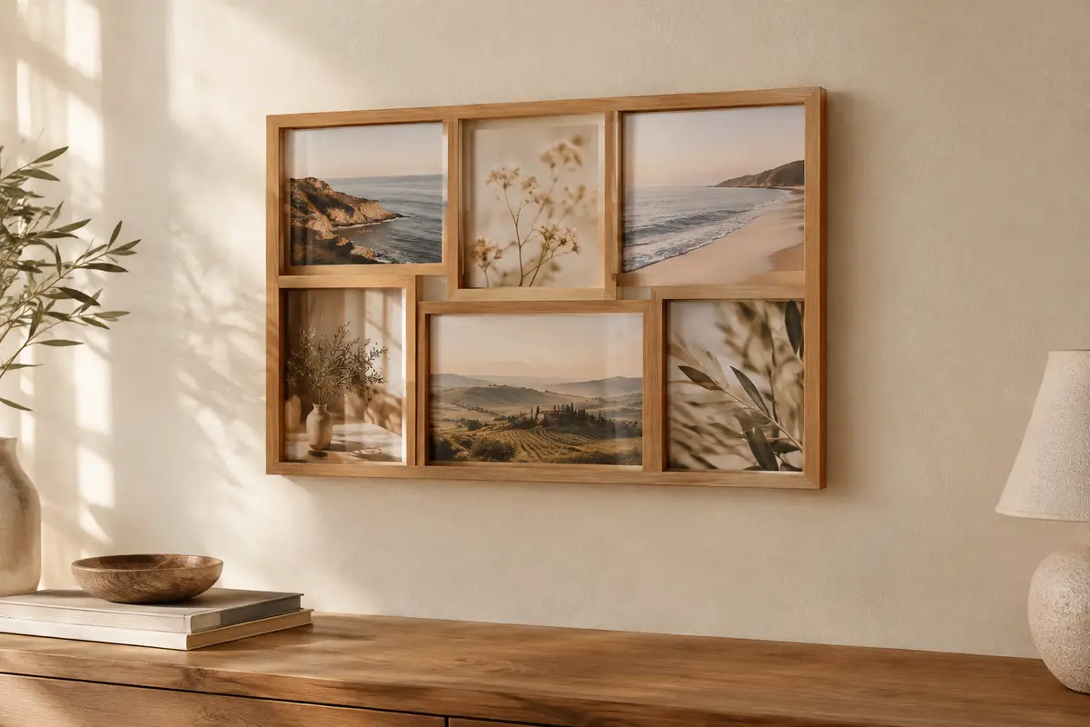 Cadre pêle-mêle mural Atmosphera en bois naturel présentant six photos sur un mur crème