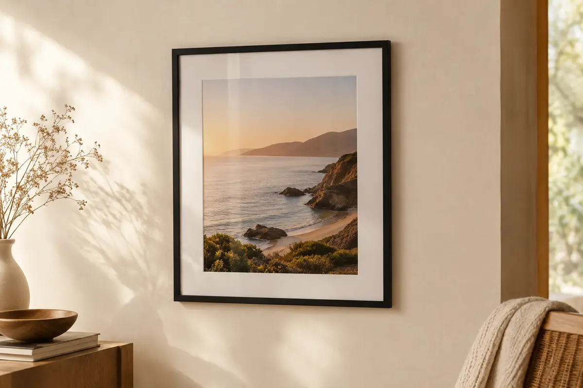 Cadre photo noir Atmosphera Manu avec passe-partout, présenté sur un mur crème dans un intérieur lumineux