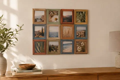 Pêle-mêle mural multicolore à douze photos, composé de mini-cadres reliés sur un mur crème.