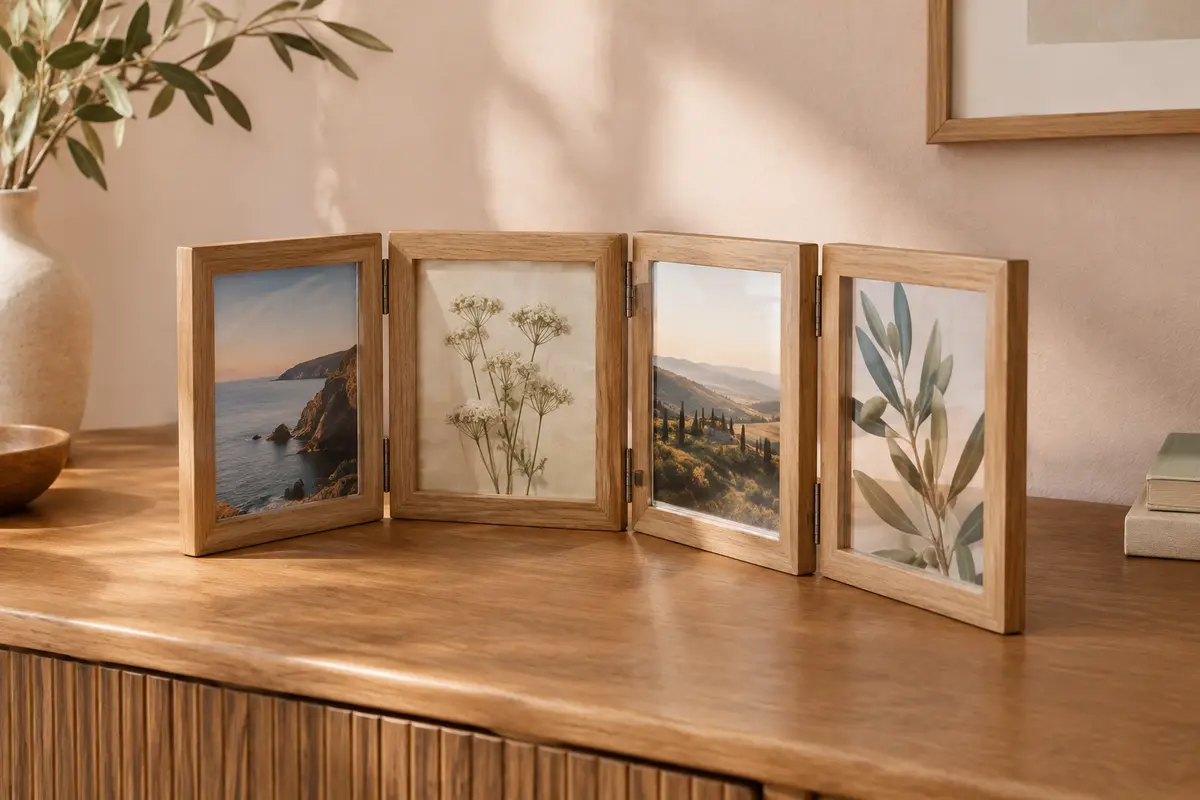 Cadre photo pliant en MDF à quatre vues, posé ouvert sur une console dans un intérieur lumineux