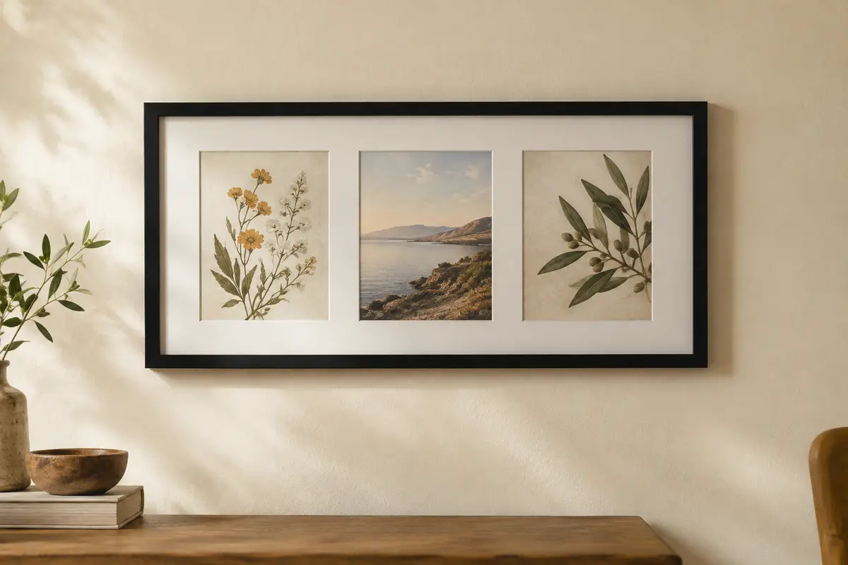 Cadre pêle-mêle noir à trois photos, accroché horizontalement sur un mur crème