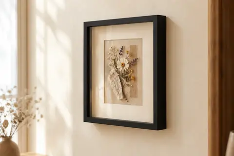 Cadre vitrine carré noir avec passe-partout crème et composition de fleurs séchées sur un mur clair.
