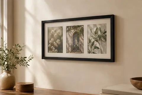 Cadre photo mural noir en bois avec trois ouvertures passe-partout et des images botaniques