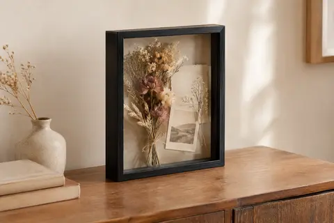Cadre boîte profond noir en bois imitation bois, posé sur une console avec une fleur séchée à l’intérieur