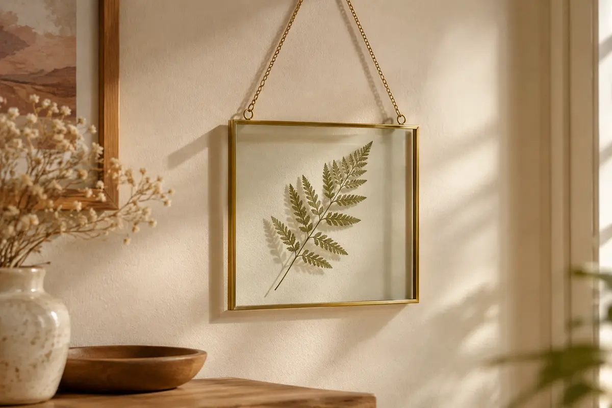 Cadre flottant en verre et laiton doré suspendu au mur, avec une feuille pressée exposée.