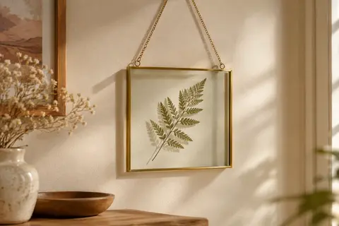 Cadre flottant en verre et laiton doré suspendu au mur, avec une feuille pressée exposée.