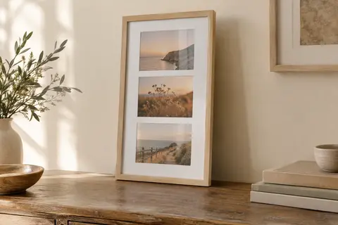 Cadre multivue en bois clair avec trois photos verticales et passe-partout blanc, posé sur une console.