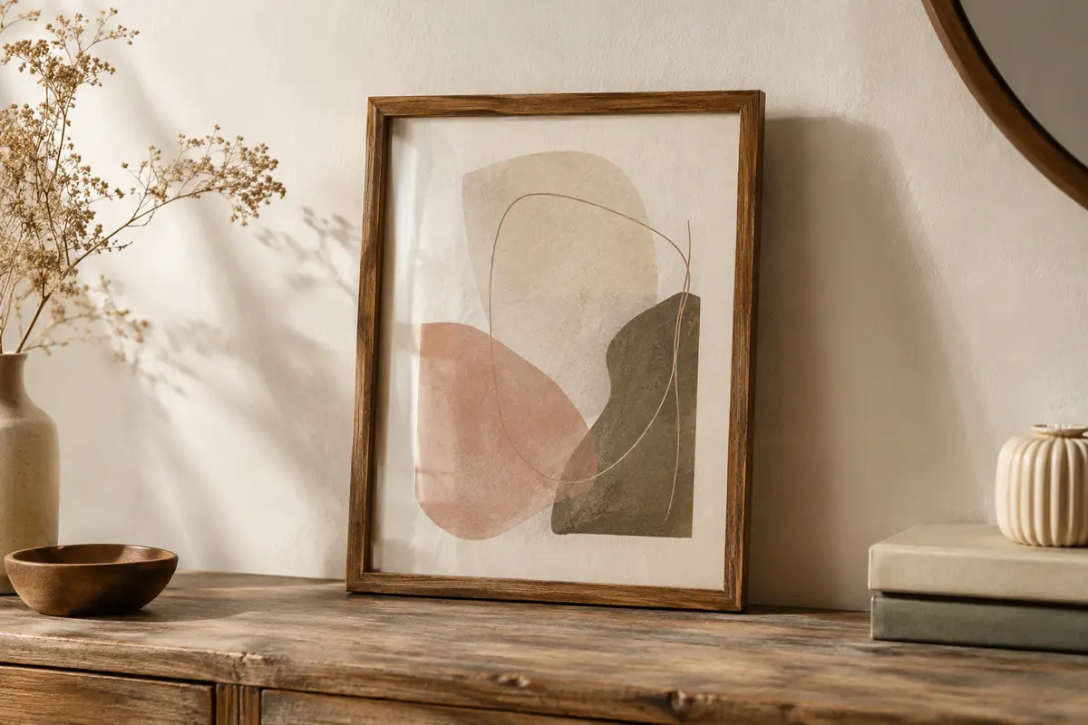 Cadre photo en bois au style vintage, posé sur une console devant un mur crème avec une illustration A4.
