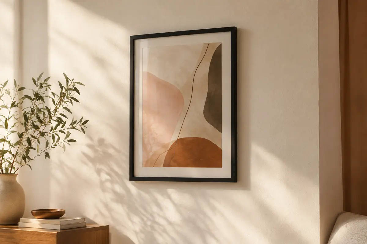 Cadre photo mural noir en bois au format A4, accroché sur un mur crème dans un intérieur lumineux