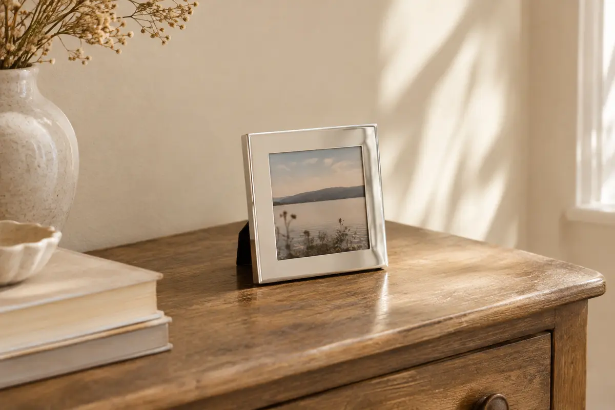 Cadre photo carré plaqué argent brillant posé sur une commode en bois dans un intérieur calme.