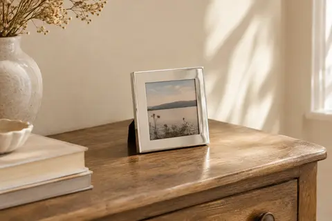 Cadre photo carré plaqué argent brillant posé sur une commode en bois dans un intérieur calme.