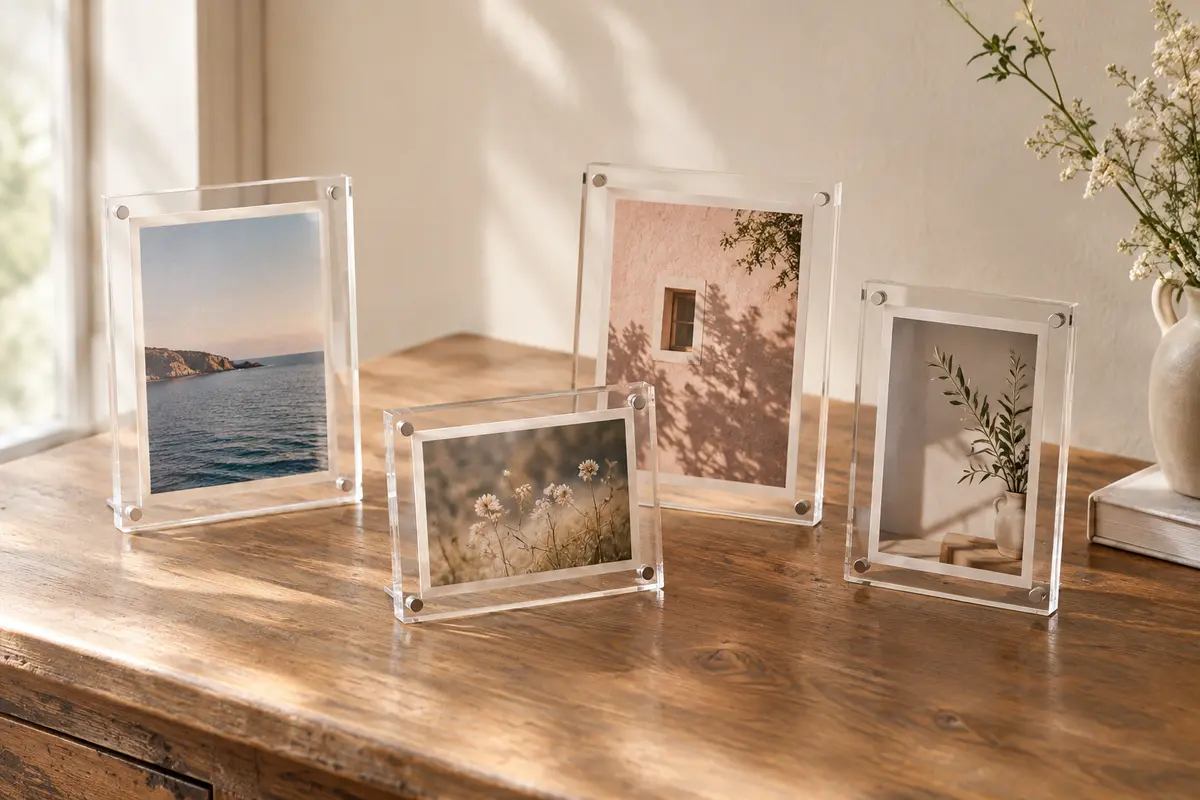 Quatre cadres photo transparents à aimants posés sur un bureau en bois, avec des images visibles des deux côtés.