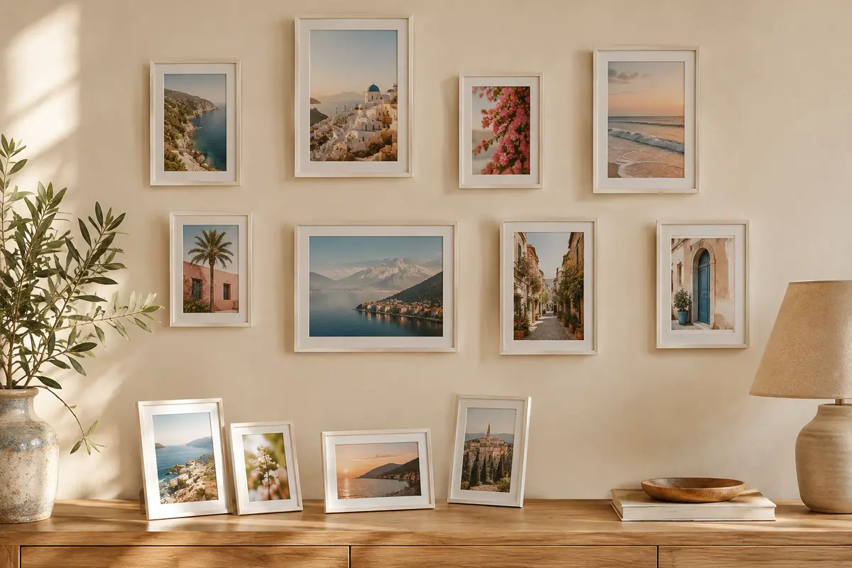 Douze cadres photo blancs à grain de bois, accrochés et posés dans un intérieur aux tons crème.