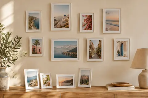 Douze cadres photo blancs à grain de bois, accrochés et posés dans un intérieur aux tons crème.