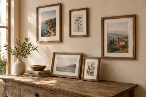 Cadres photo rustiques à grain de bois avec passe-partout, accrochés au mur et posés sur une commode en bois.