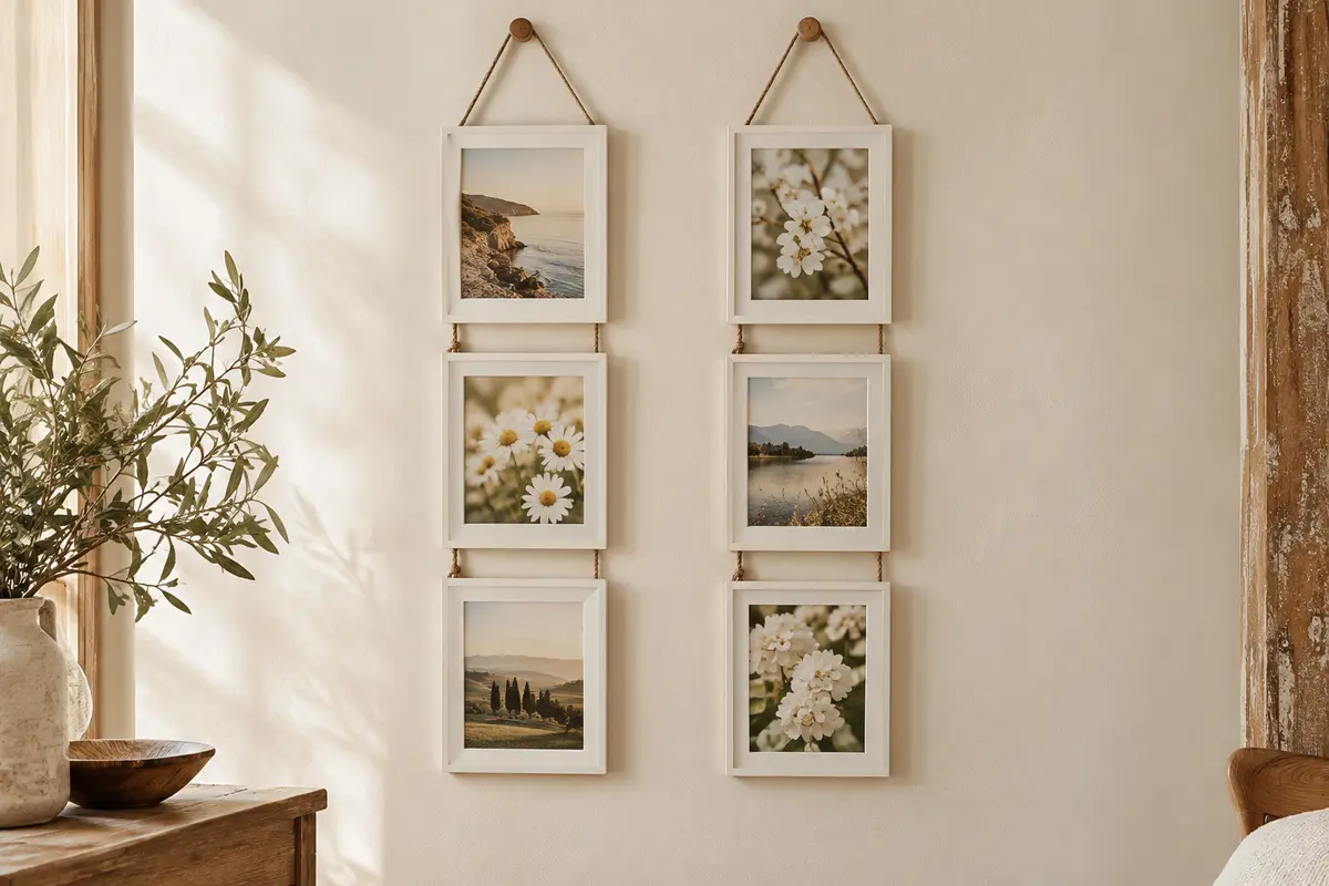 Deux guirlandes blanches de trois cadres photo chacune, suspendues sur un mur crème avec des images verticales.