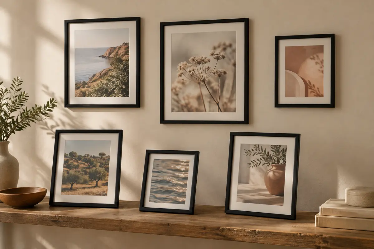 Six cadres photo noirs en plastique, posés et accrochés sur un mur crème avec une étagère en bois.