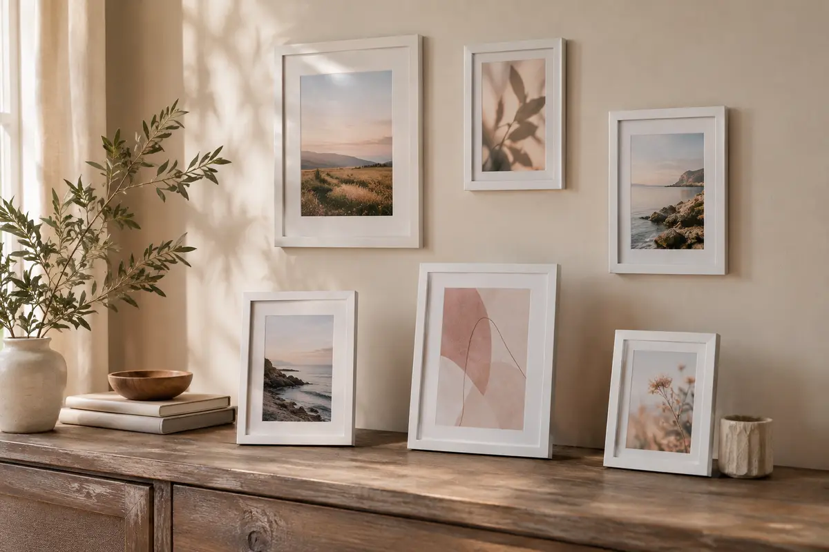 Cadres photo blancs accrochés sur un mur crème et posés sur une console en bois clair.