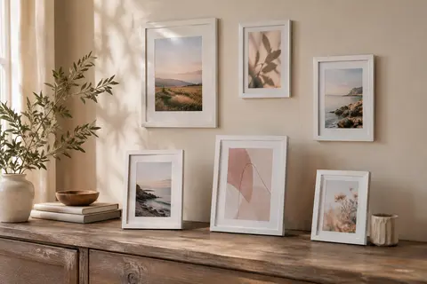 Cadres photo blancs accrochés sur un mur crème et posés sur une console en bois clair.