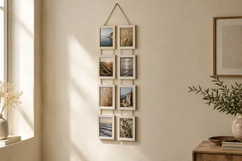 Pêle-mêle mural vertical au fini bouleau blanc, suspendu par une corde et garni de photos