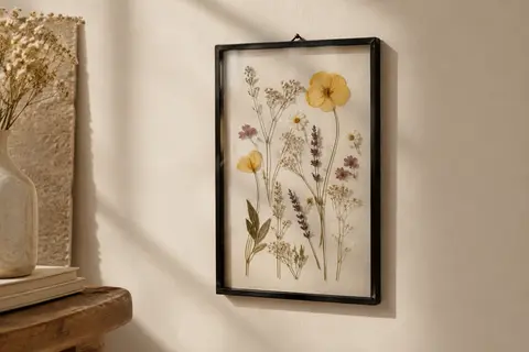 Cadre photo en métal noir accroché sur un mur crème, avec des fleurs pressées visibles sous le verre.