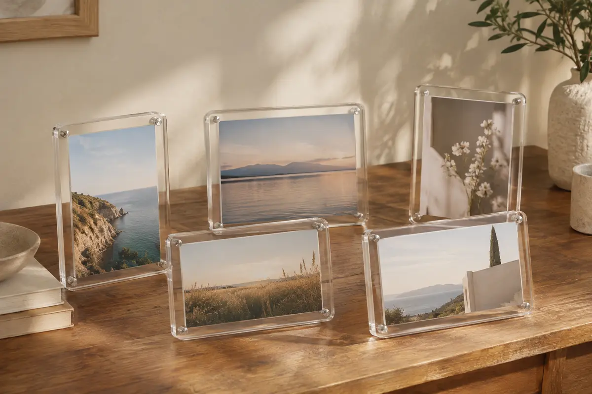 Lot de cinq cadres photo en acrylique transparent posés sur un bureau, avec des images visibles des deux côtés.